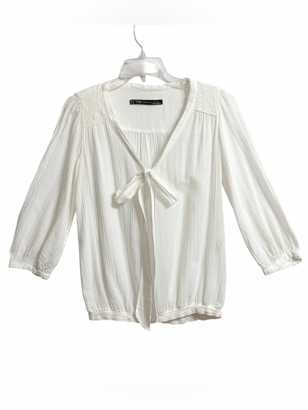 Zara TRF Collection Boho Smocked Gauze Top Womens M White Coastal Euro Summer